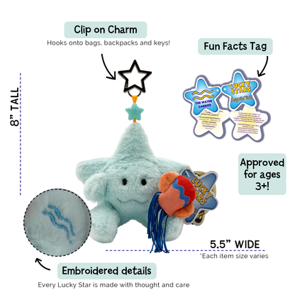 A plush star-shaped Keychain labeled 'Lucky Star' shown on a white background with callout labels and size information. The toy is pale aqua with embroidered details, a black clip charm, a blue star-shaped tag, and a small orange-and-blue hat.