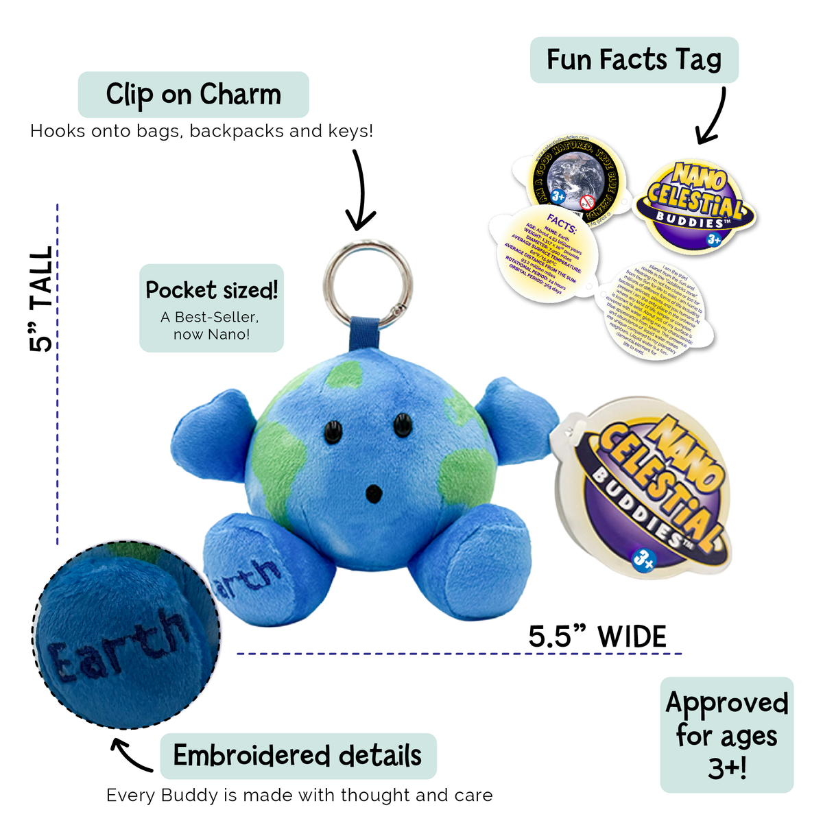 Blue and green Earth plush toy with a metal key ring, shown on a white background with callout labels for clip-on charm, pocket size, embroidery, and included fun facts tags.