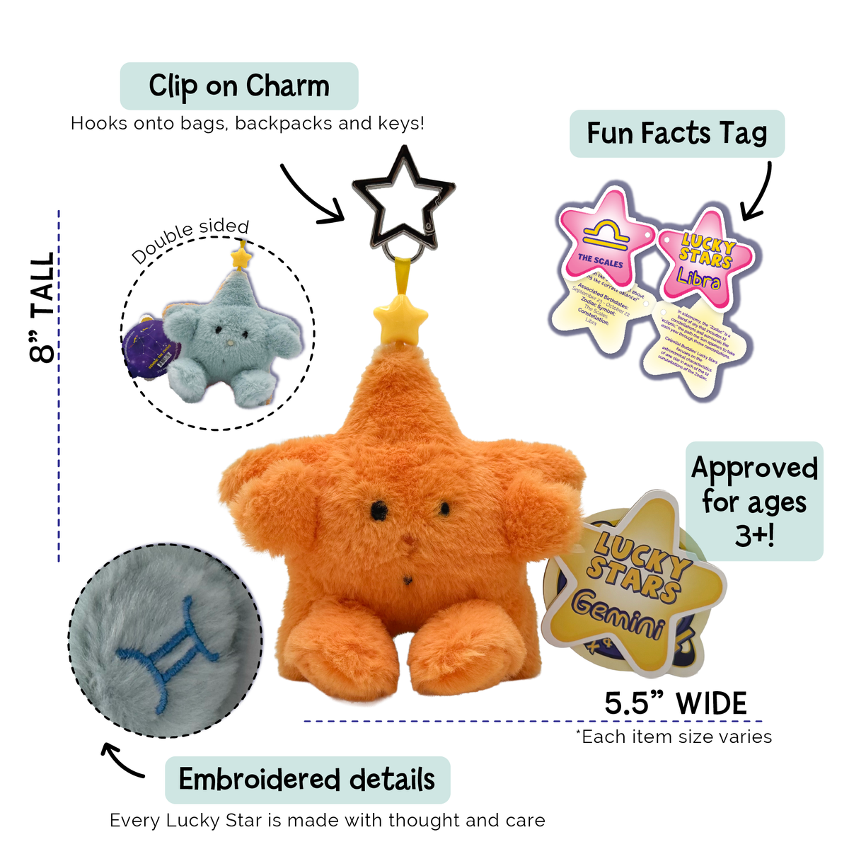 Gemini Zodiac Plush Bag Charm | Lucky Stars Pollux & Castor