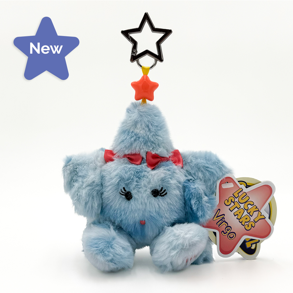 A light blue plush keychain with a pointed hat, red bow, and a black star-shaped top, shown on a white background with a hang tag reading 'Lucky Stars Virgo'.