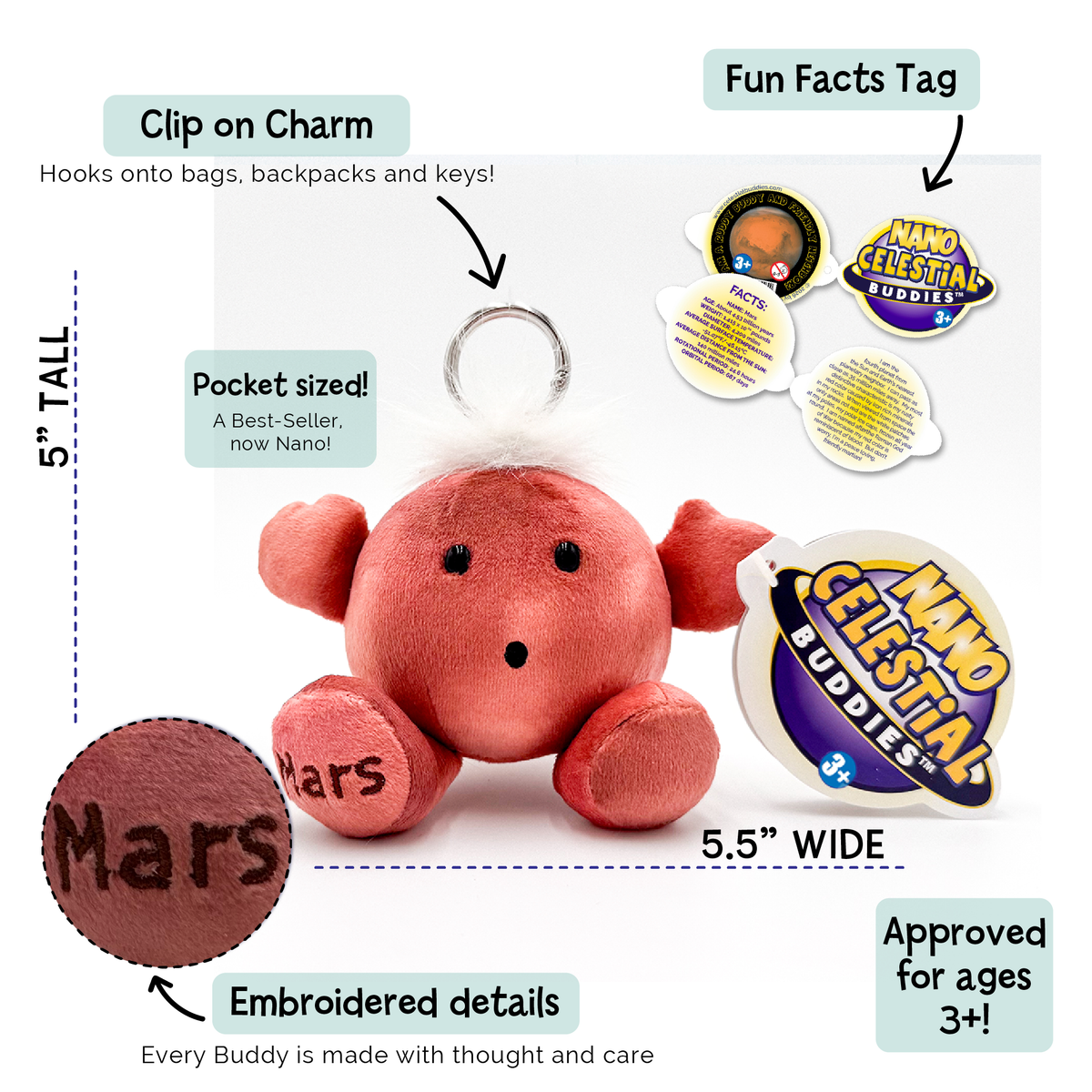 A plush toy product labeled 'Nano Celestial Buddy' shown on a white background with callout labels and feature callouts. The main product is a small red planet-shaped Mars Buddy plush with embroidered details, a ring charm, and a round tag.