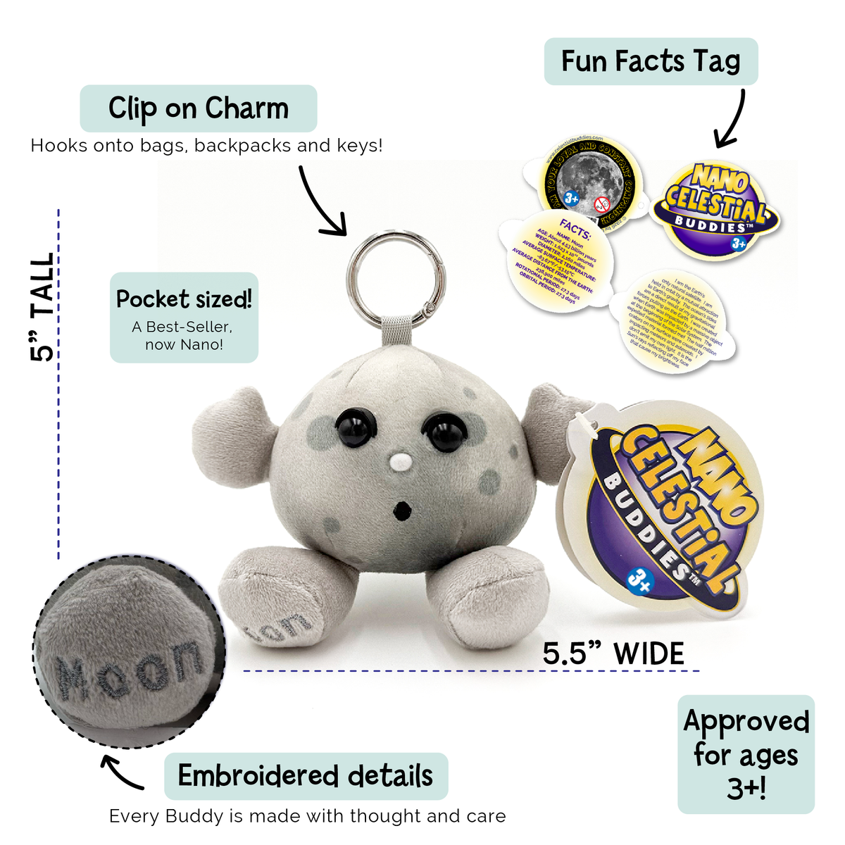 A plush moon-shaped keychain charm labeled 'Moon' with a key ring, shown on a white background with callout labels and inset details about the clip-on charm, pocket size, embroidered details, and fun facts tags. The image includes measurement callouts and age approval text.