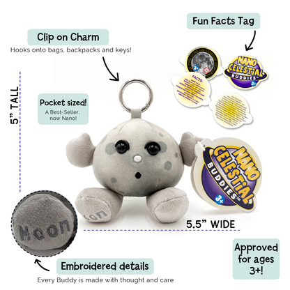 A plush moon-shaped keychain charm labeled 'Moon' with a key ring, shown on a white background with callout labels and inset details about the clip-on charm, pocket size, embroidered details, and fun facts tags. The image includes measurement callouts and age approval text.