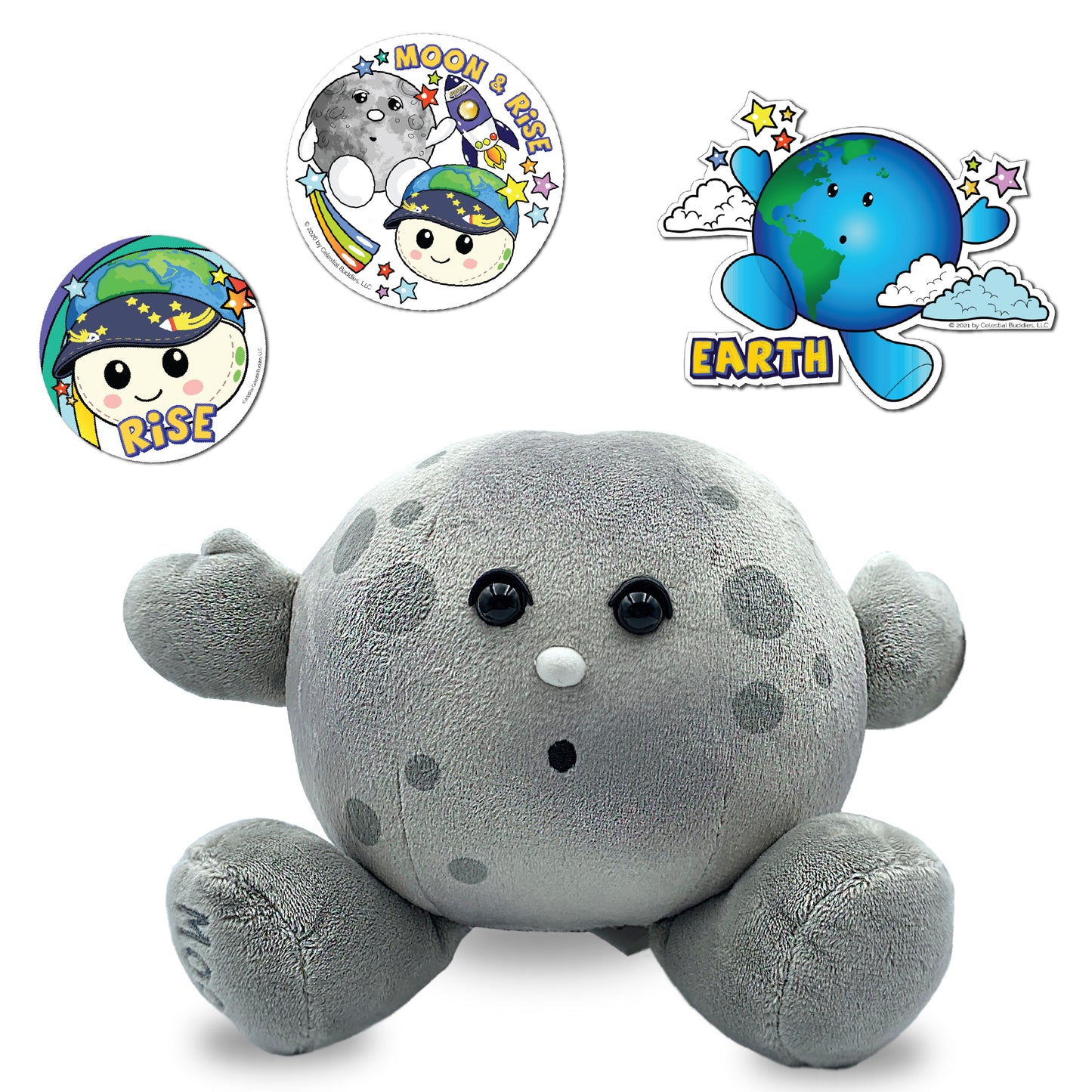Rise the zero gravity indicator sticker with Celestial Buddies Moon Buddy, Earth Sticker, and Rise & Moon Sticker