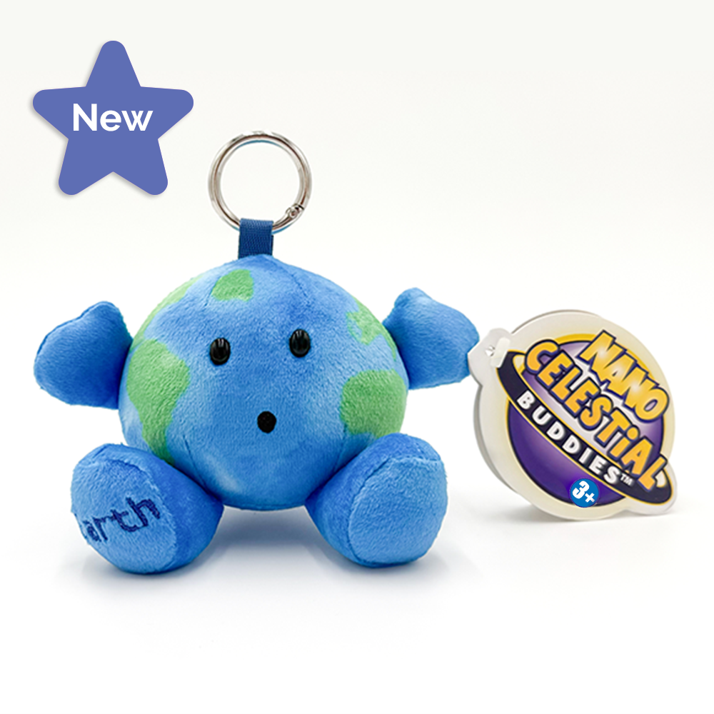 A blue plush Earth keychain with green continents, a metal key ring, and a round hang tag reading 'Nano Celestial Buddies.' A purple star-shaped 'New' badge appears in the top left on a clean white background.