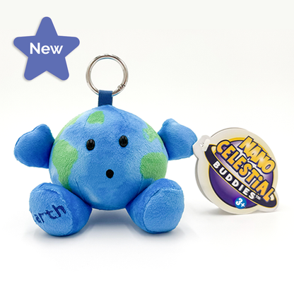 A blue plush Earth keychain with green continents, a metal key ring, and a round hang tag reading 'Nano Celestial Buddies.' A purple star-shaped 'New' badge appears in the top left on a clean white background.