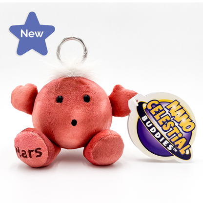 A plush toy keychain shaped like Mars Buddy, and a silver key ring, shown on a white background with a purple star graphic reading 'New' and a hang tag for 'Nano Celestial Buddies'.